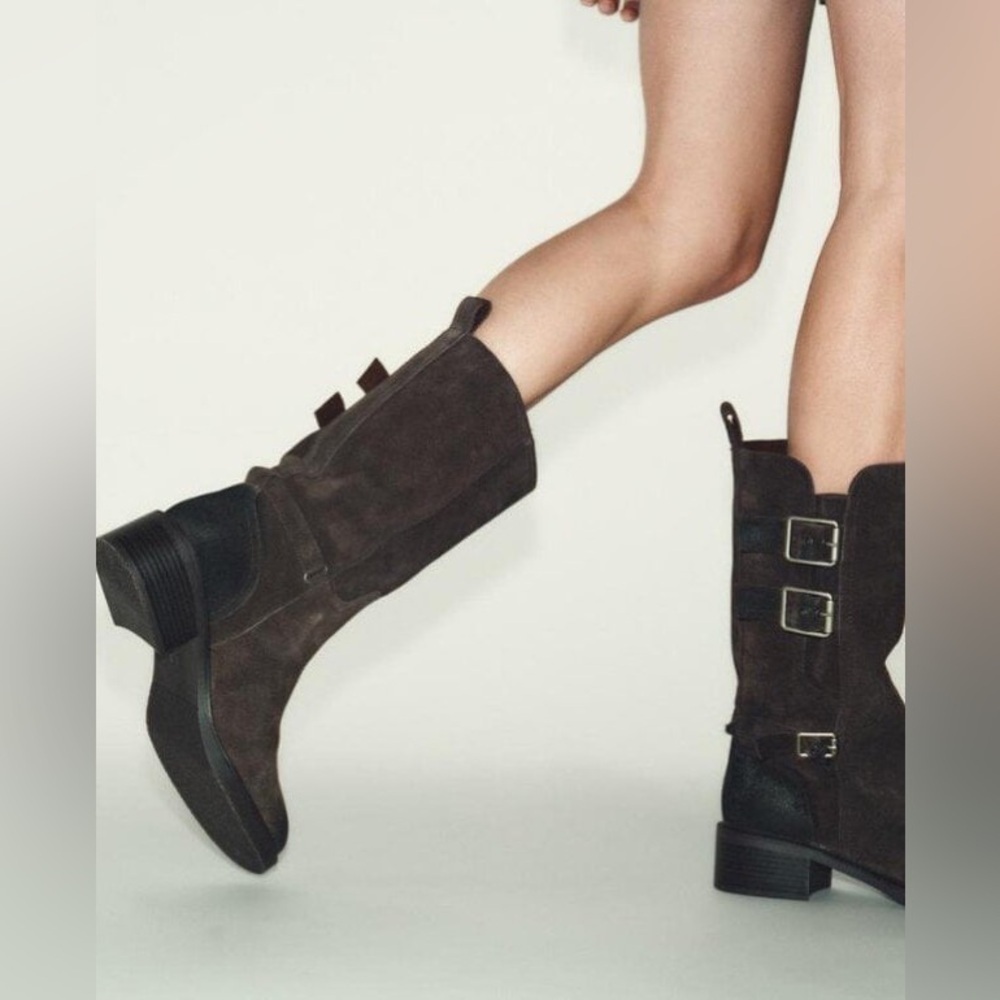 Zara Brown Combat Moto Suede Split Leather Buckled Calf High Ankle Boots - Picture 17 of 17